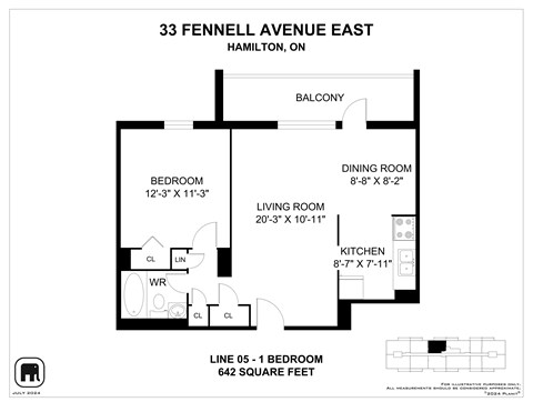 Floor plan for 1 bed, 1 bath, 673 sqft